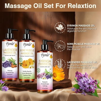 Pjordo Massage Oil Kit – Lilac, Lavender & Arnica with Roller Ball | Spa Gift Set
