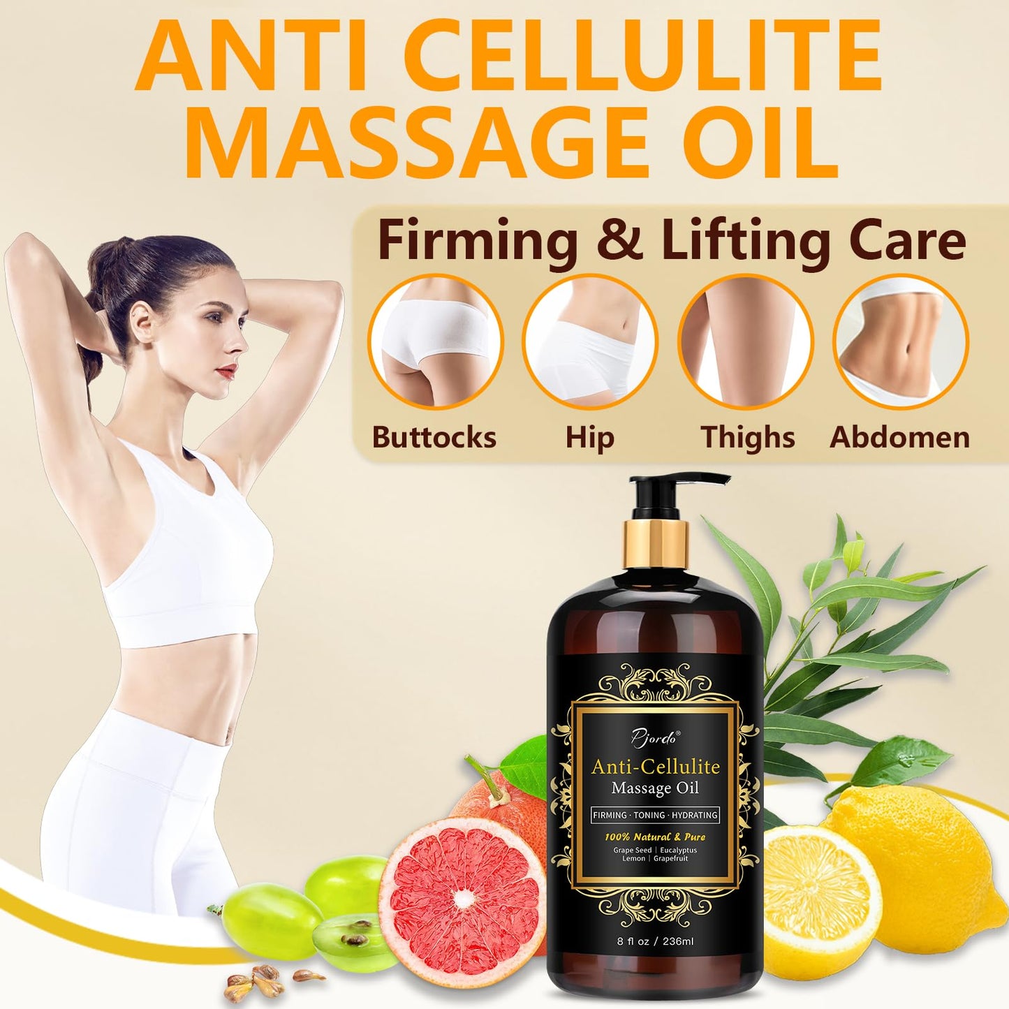 Pjordo Anti Cellulite Massage Oil - Natural Body Firming & Moisturizing