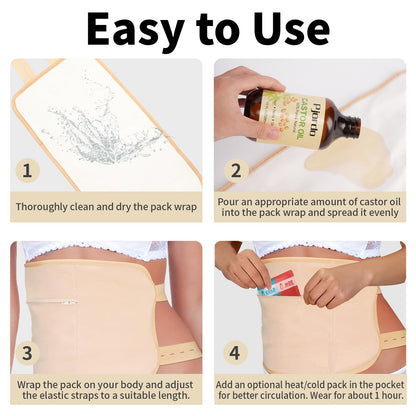 Pjordo Cotton Castor Oil Pack Wrap — 10oz Cold-Pressed Oil, Reusable Pack