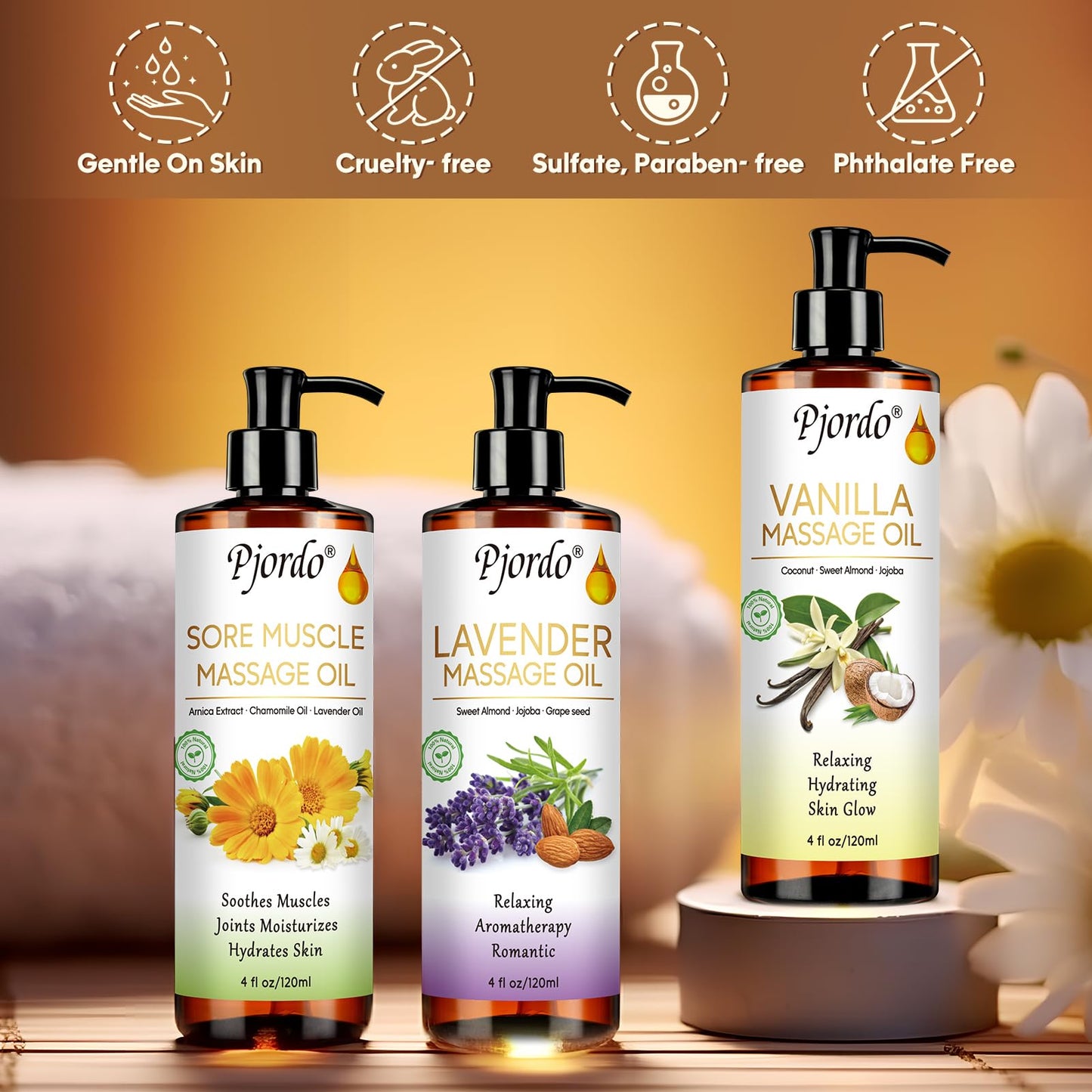 Pjordo 3 Pack Massage Oils & Roller Ball – Vanilla, Lavender & Arnica | Spa Gift Set