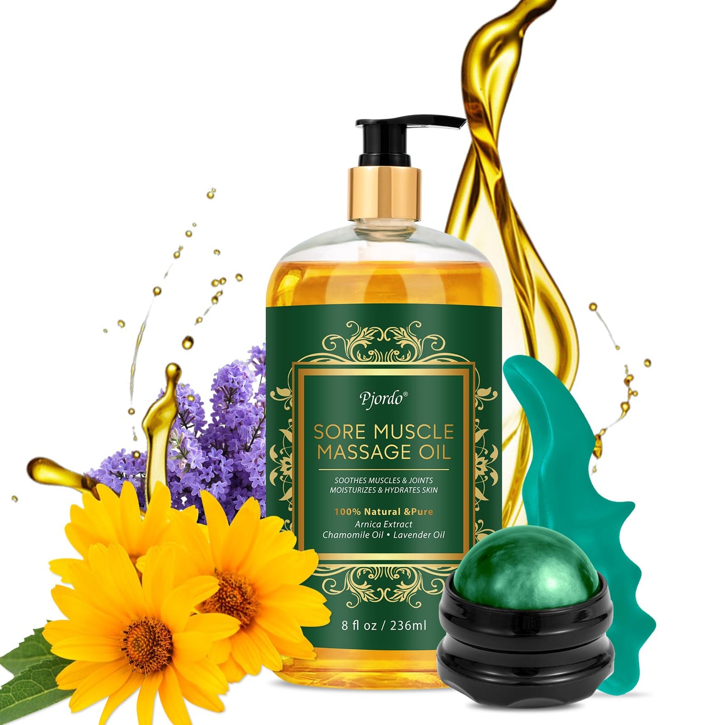 Pjordo Sore Muscle Massage Oil with Roller Ball and Thumb Saver – Arnica Lavender 8 oz