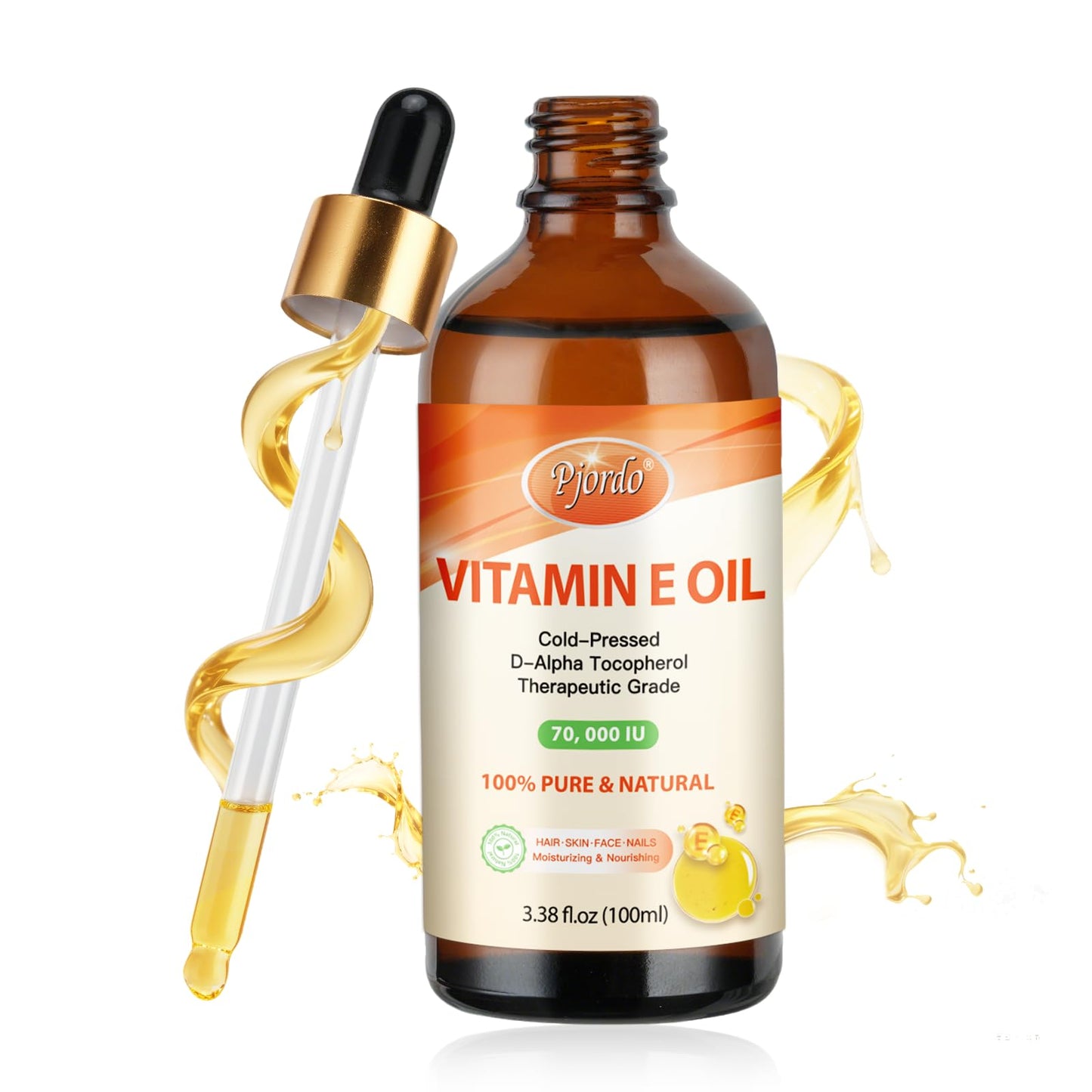 Pjordo Vitamin E Oil – 70,000 IU, 100% Pure & Organic, Cold-Pressed for Skin, Face, Hair & Nails