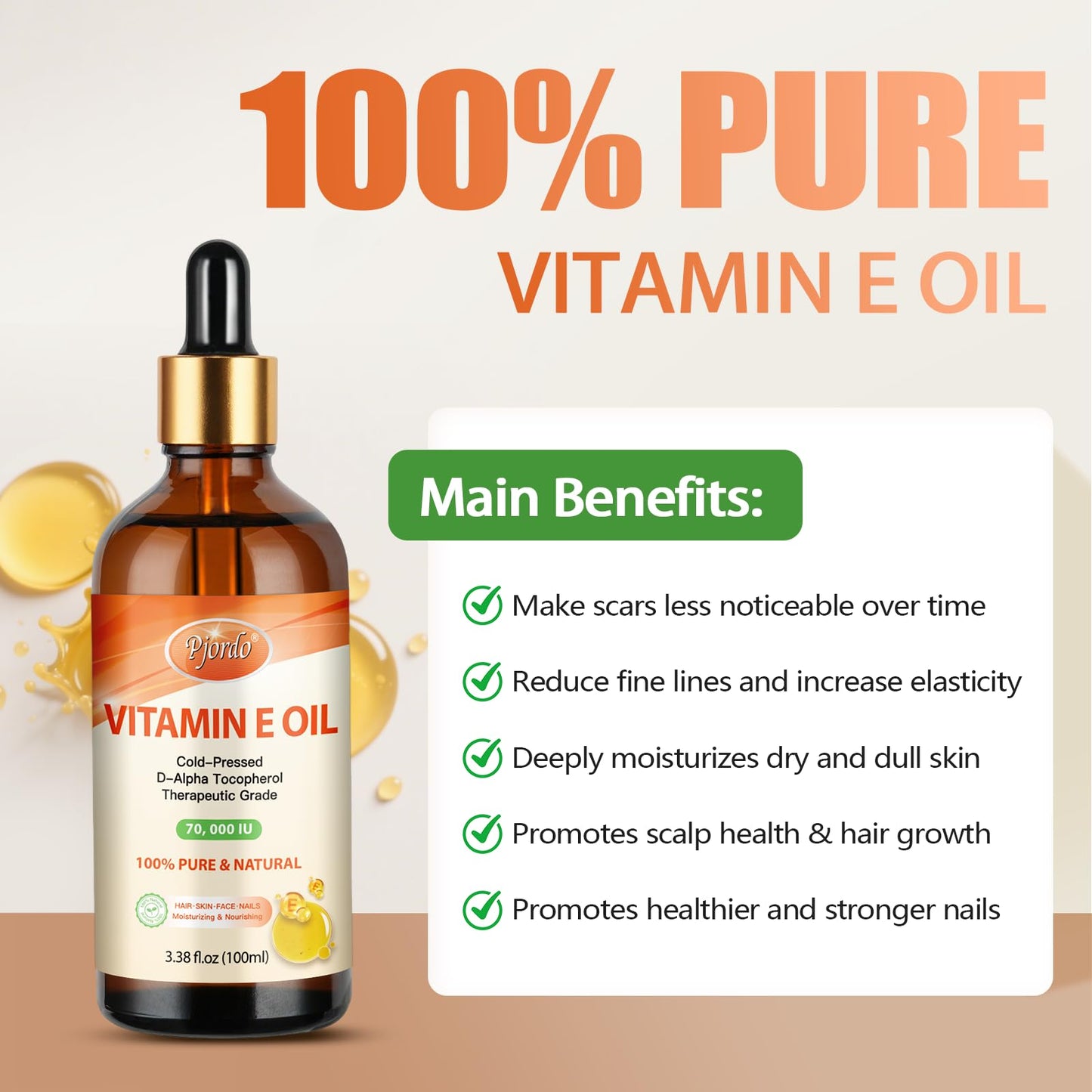 Pjordo Vitamin E Oil – 70,000 IU, 100% Pure & Organic, Cold-Pressed for Skin, Face, Hair & Nails