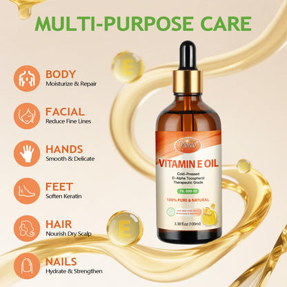 Pjordo Vitamin E Oil – 70,000 IU, 100% Pure & Organic, Cold-Pressed for Skin, Face, Hair & Nails