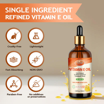 Pjordo Vitamin E Oil – 70,000 IU, 100% Pure & Organic, Cold-Pressed for Skin, Face, Hair & Nails