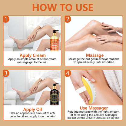 Pjordo Anti Cellulite Massage Oil & Hot Cream Set – 8 oz Each