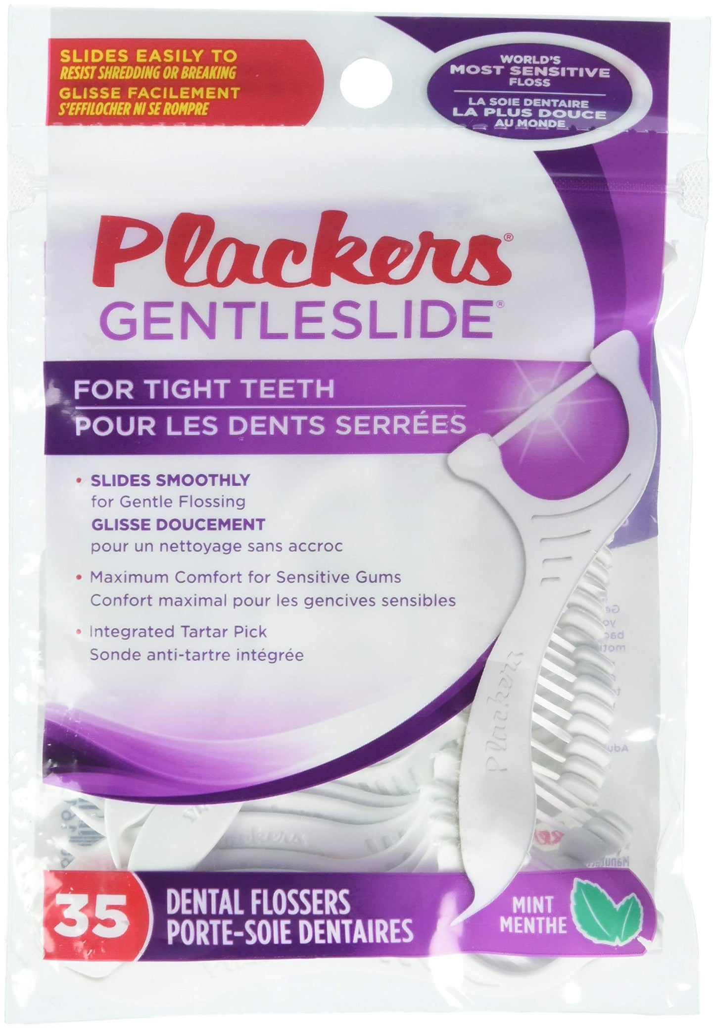 Plackers Gentleslide Mint Flossers for Tight Teeth – 35 Dental Flossers with Tartar Pick (1 Each)