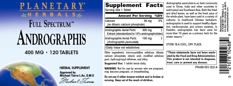 Planetary Herbals Full Spectrum Andrographis 400mg - Supports Digestive, Immune, Cardiovascular & Urinary Health - 120 Tablets