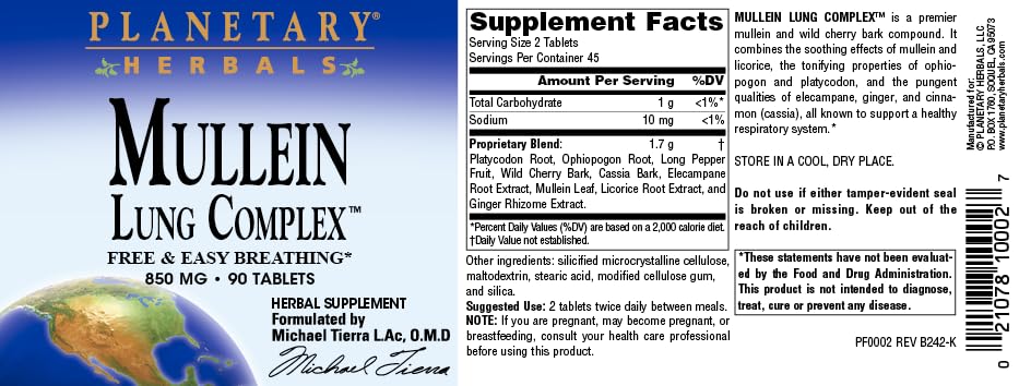 Planetary Herbals Mullein Lung Complex 90 Tablets - Herbal Respiratory Support