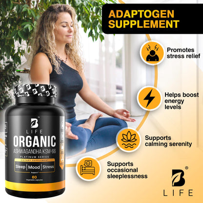 Organic Ashwagandha KSM-66 1000 mg Supplement | Adaptogen for Cortisol Support & Stress Relief | Mood, Calm & Sleep Aid for Men & Women | Ashwagandha ritual vitamins for women | 60 Vegan Caps
