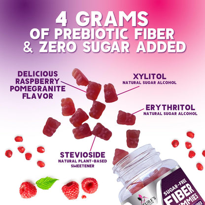 Prebiotic Fiber Gummies 4g - Sugar Free Gummy Fiber Supplement for Digestive Health & Regularity - Raspberry Flavor | Plant-Based, Non-GMO, Gluten Free - 60 Gummies