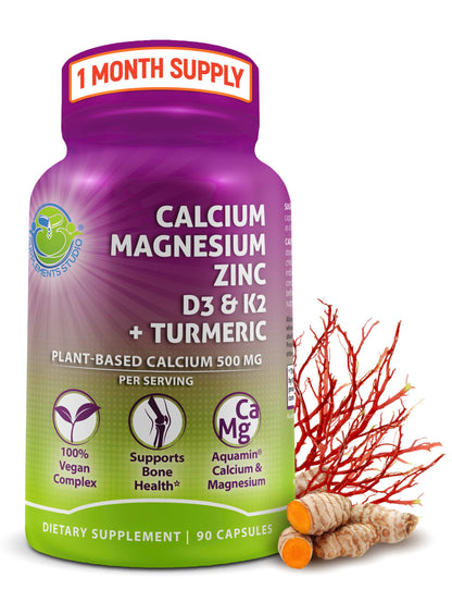 Plant-Based Calcium 500mg (Aquamin) – Vegan CaMgZnD3 + K2, Turmeric (90 ct)