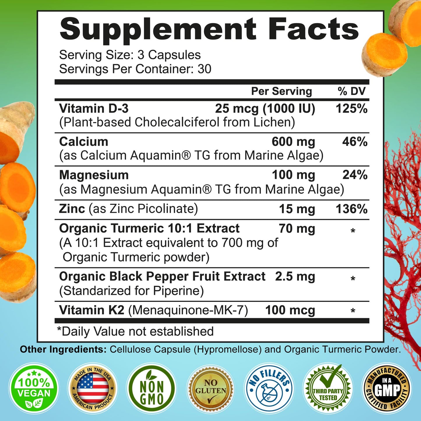 Plant-Based Calcium 600mg (Aquamin) – Vegan Calcium Magnesium Zinc D3, Vitamin K2 & Organic Turmeric – Enhanced Bone & Muscle Health (90 Count)