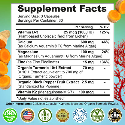 Plant-Based Calcium 600mg (Aquamin) – Vegan Calcium Magnesium Zinc D3, Vitamin K2 & Organic Turmeric – Enhanced Bone & Muscle Health (90 Count)