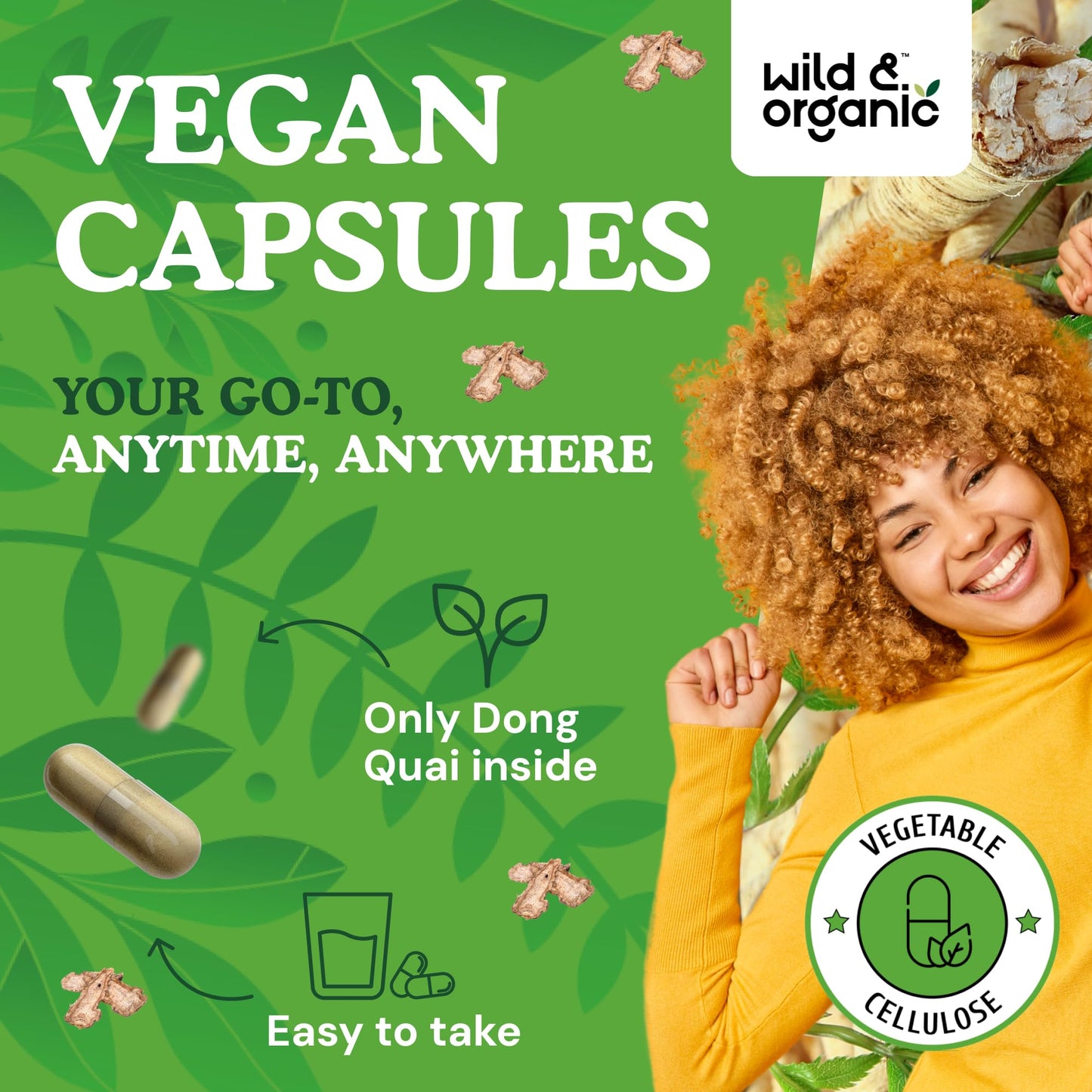 Wild & Organic Dong Quai Capsules for Women - 1000 mg per Serving - Pure Dong Quai Supplement - Angelica Root Herb - 60-Day Supply - Non-GMO, Vegan, Gluten-Free - 120 Count