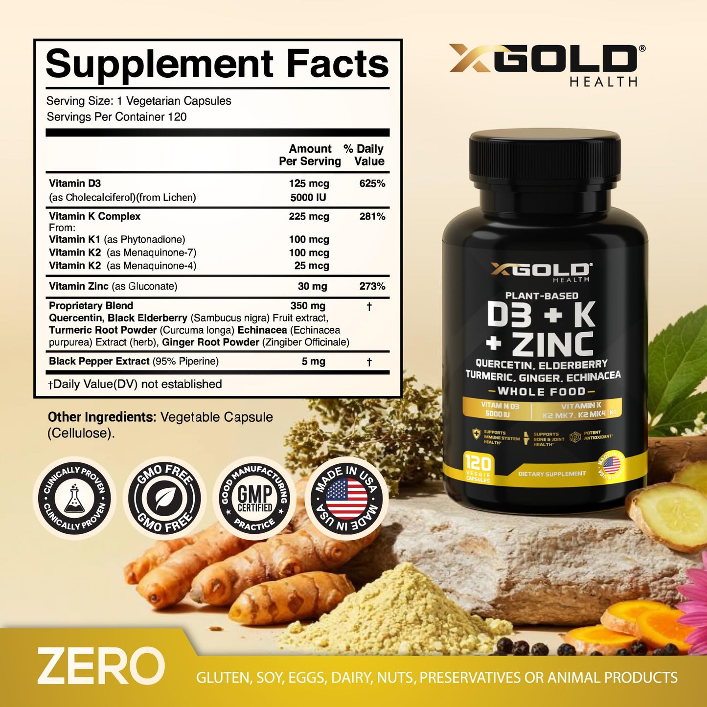 Vitamin D3 5000 IU + K2 MK7/MK4/K1, Zinc, Quercetin, Elderberry, Turmeric & Echinacea – 8-in-1 Plant-Based (120 capsules)