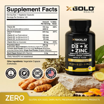 Vitamin D3 5000 IU + K2 MK7/MK4/K1, Zinc, Quercetin, Elderberry, Turmeric & Echinacea – 8-in-1 Plant-Based (120 capsules)