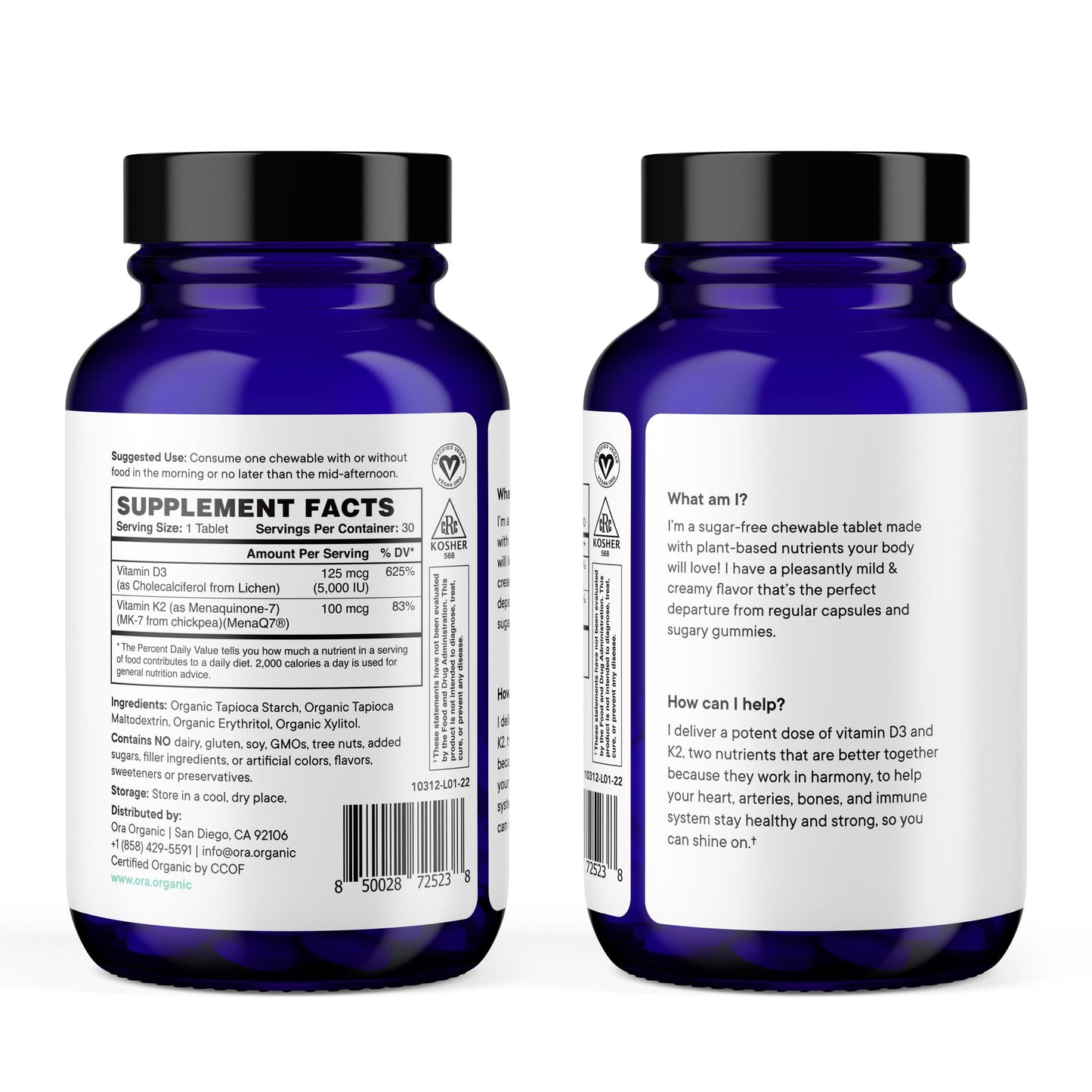 Ora Organic Vitamin D3 5000IU + K2 – Vegan D3 from Lichen, K2 from Chickpeas | 30 Chewable Tablets