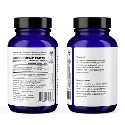 Ora Organic Vitamin D3 5000IU + K2 – Vegan D3 from Lichen, K2 from Chickpeas | 30 Chewable Tablets