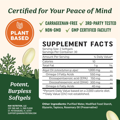 Vegan Omega-3 Algae Oil – Plant-Based DHA EPA | Sustainably Sourced | 60 Softgels