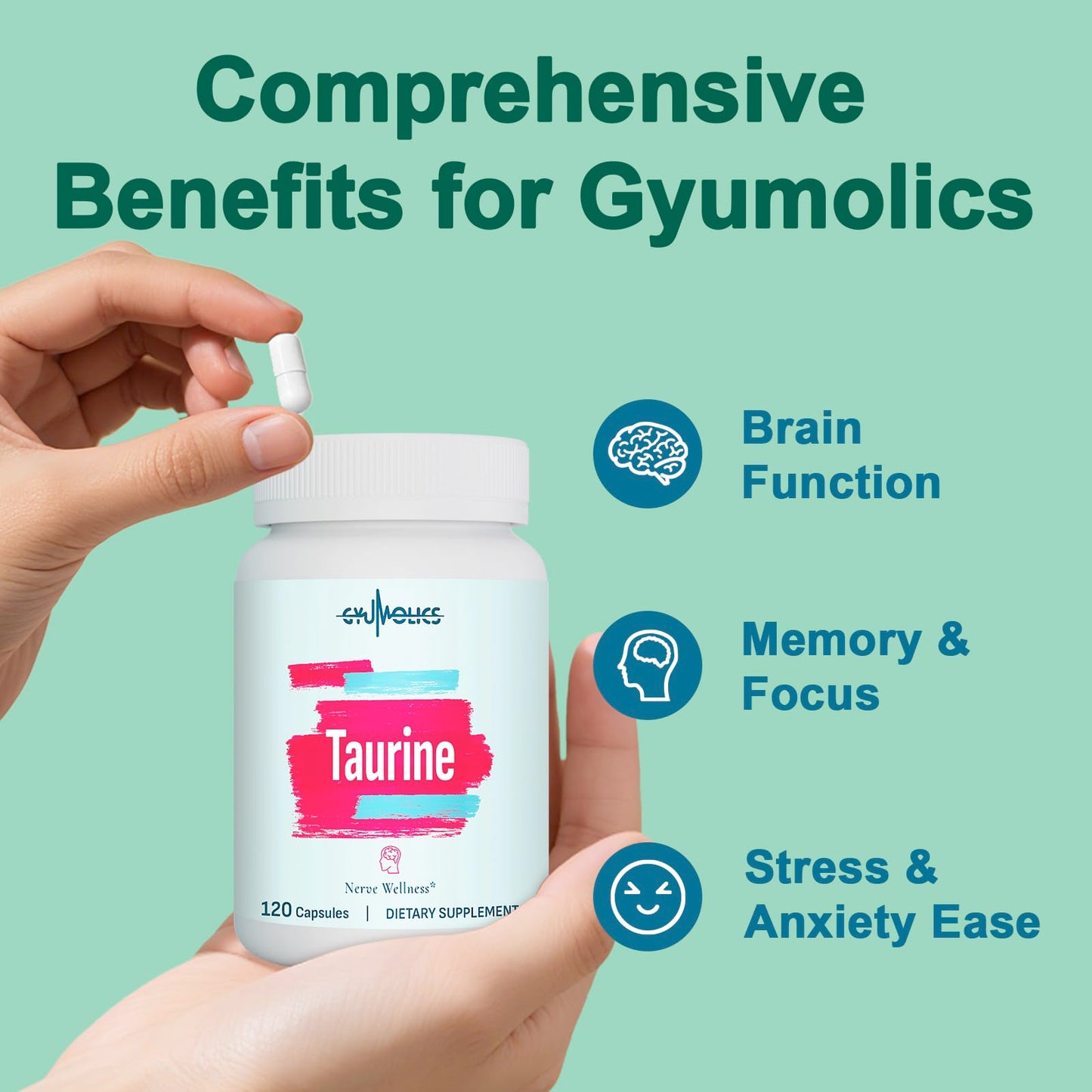 Gyumolics Taurine 2000mg – 5-in-1 Plant-Based Amino Acid Supplement (L-Theanine, Myo-Inositol, B6 & B12)