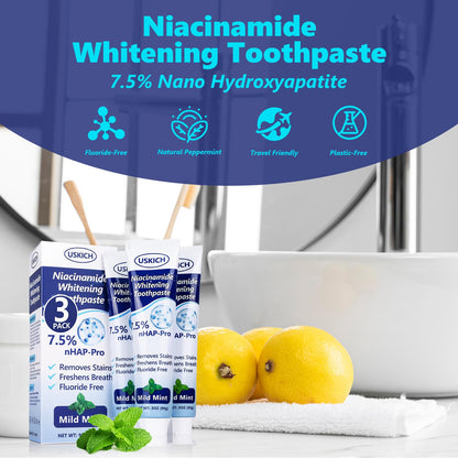 7.5% Nano-Hydroxyapatite Toothpaste 3 Pack – Fresh Breath Whitening, Remineralizes Enamel, Sensitive Relief, Antiplaque, Natural Peppermint, Fluoride-Free