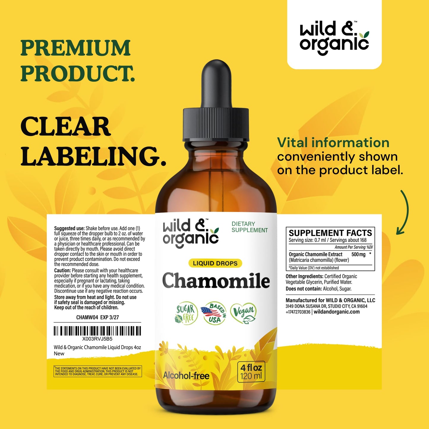 Wild & Organic Chamomile Tincture – Calming Relaxation, Vegan & Alcohol-Free | 4 oz