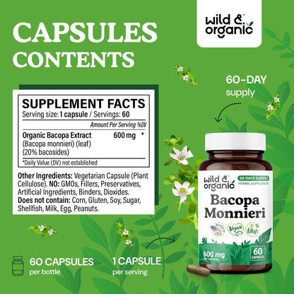 Wild & Organic Bacopa Capsules 600 mg – Brain Support, Vegan, Non-GMO