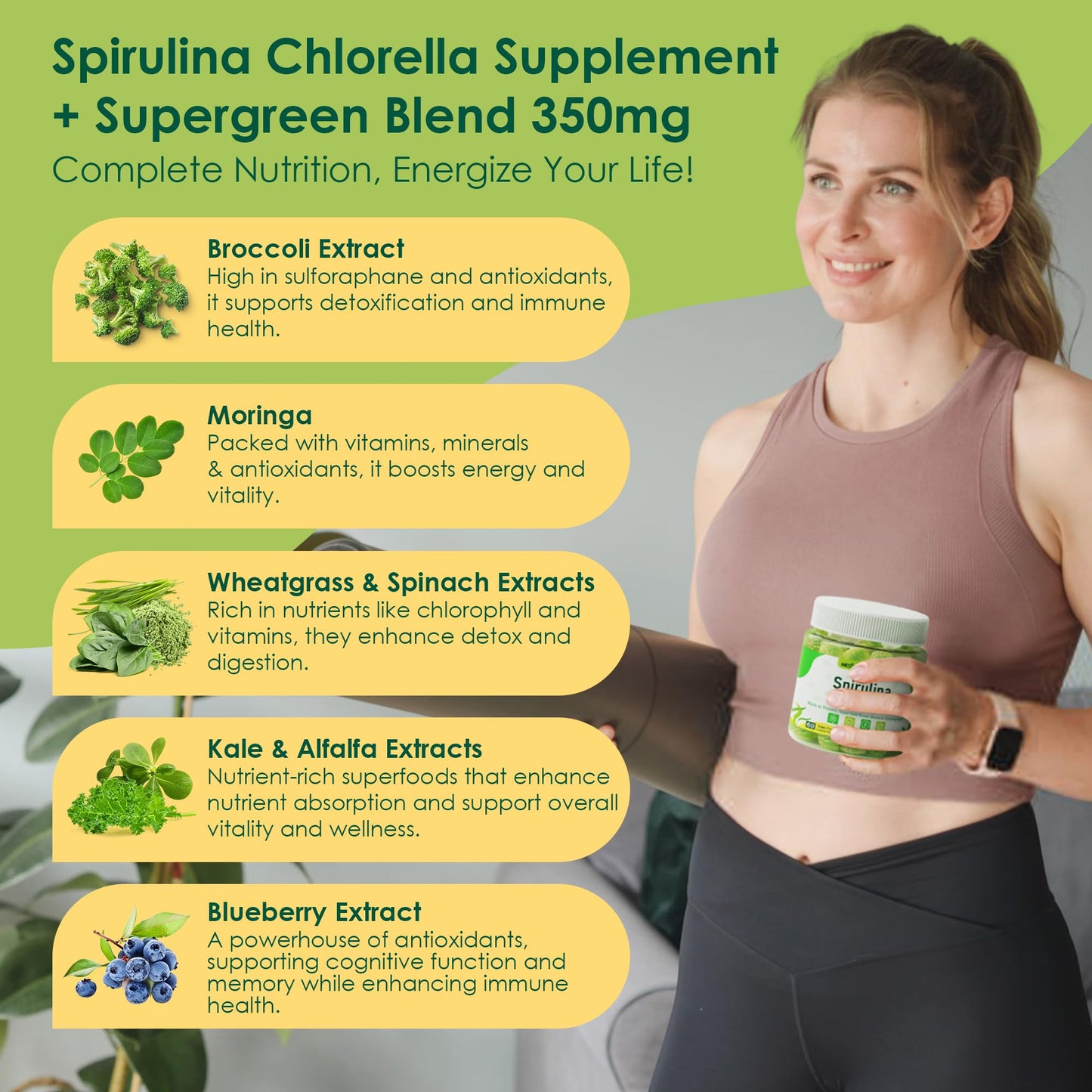 Organic Spirulina & Chlorella Gummies – Vegan Protein, Super Greens, Vitamins C & D3, Zinc & B12 | Sugar Free, 60 Count