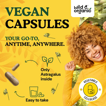 Wild & Organic Astragalus Capsules 1200 mg - Immune Support - Vegan, Non-GMO, No Fillers | 180 Count Pack of 1