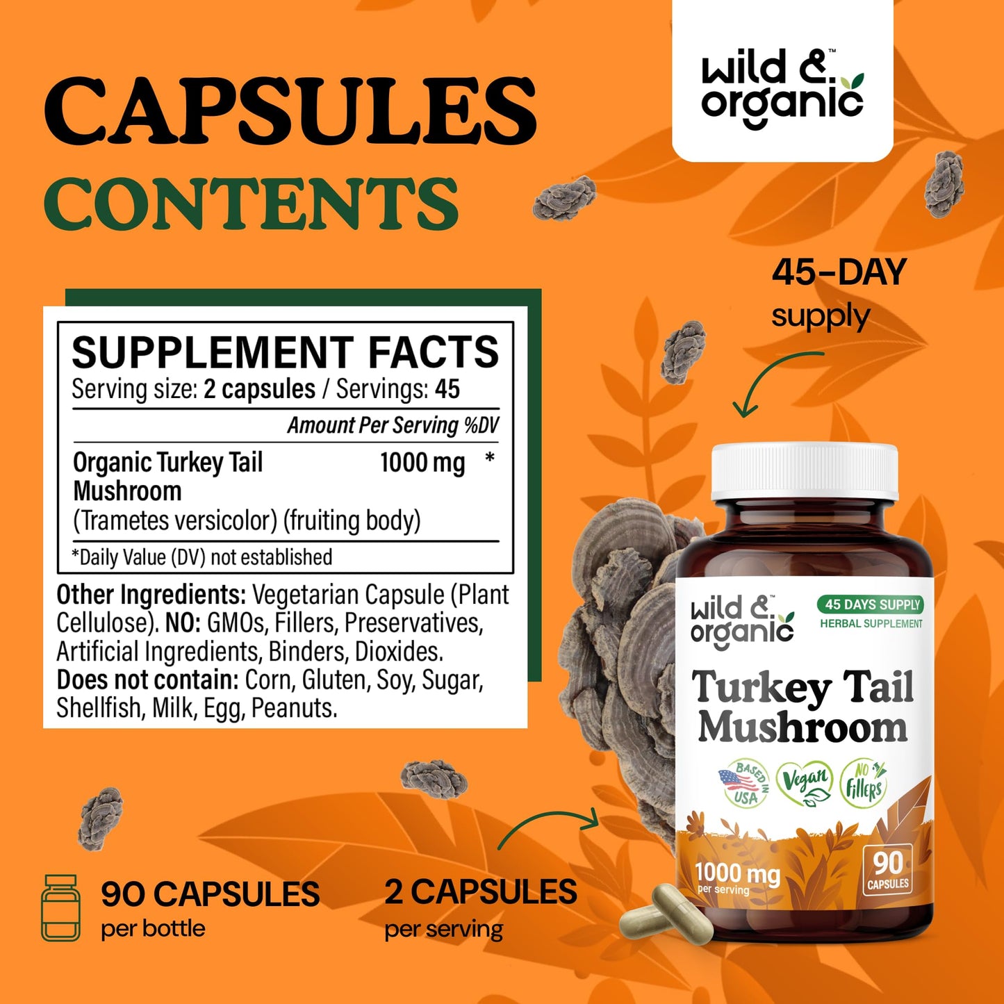 Wild & Organic Turkey Tail Mushroom Capsules 1000 mg – Immune Support (90 Count) | Vegan, Non-GMO