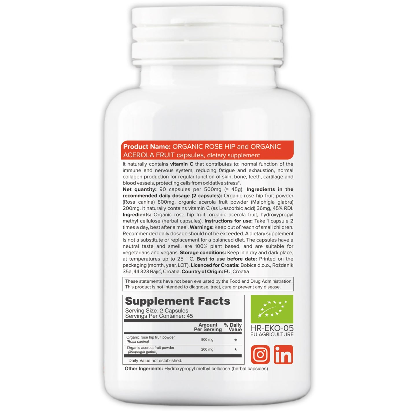 Organic RoseHips & Acerola Capsules – Plant-Based Vitamin C 1000mg | Vegan, GMO-Free (90 Capsules)