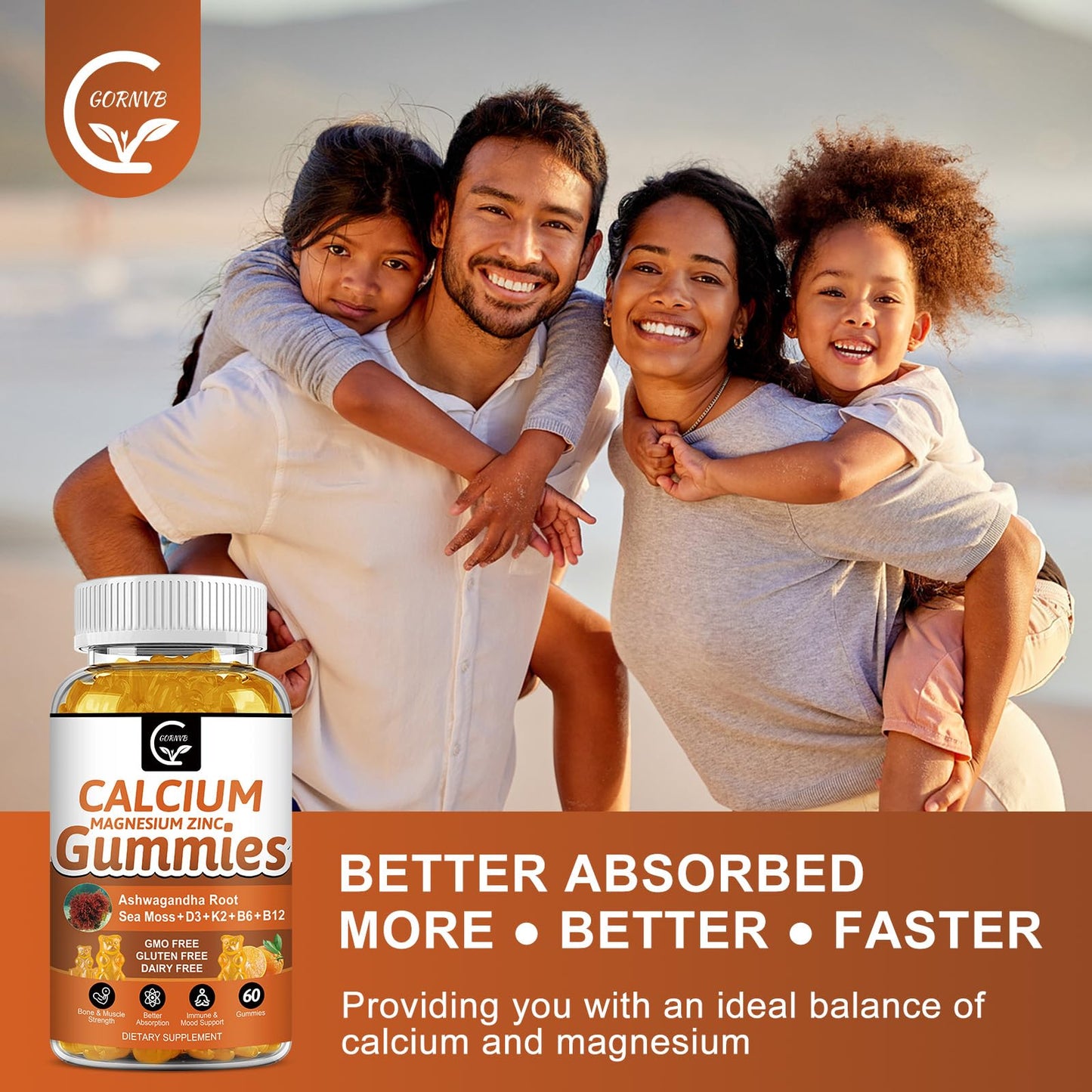 1200mg Calcium Gummies with D3, K2, B12 & B6 – Plant Calcium Magnesium | 2-Pack