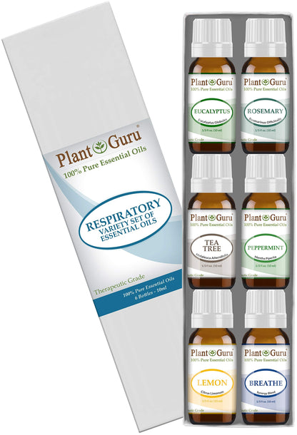 Plant Guru Respiratory Essential Oil Set — 6x 10ml, 100% Pure Therapeutic Grade for Diffuser