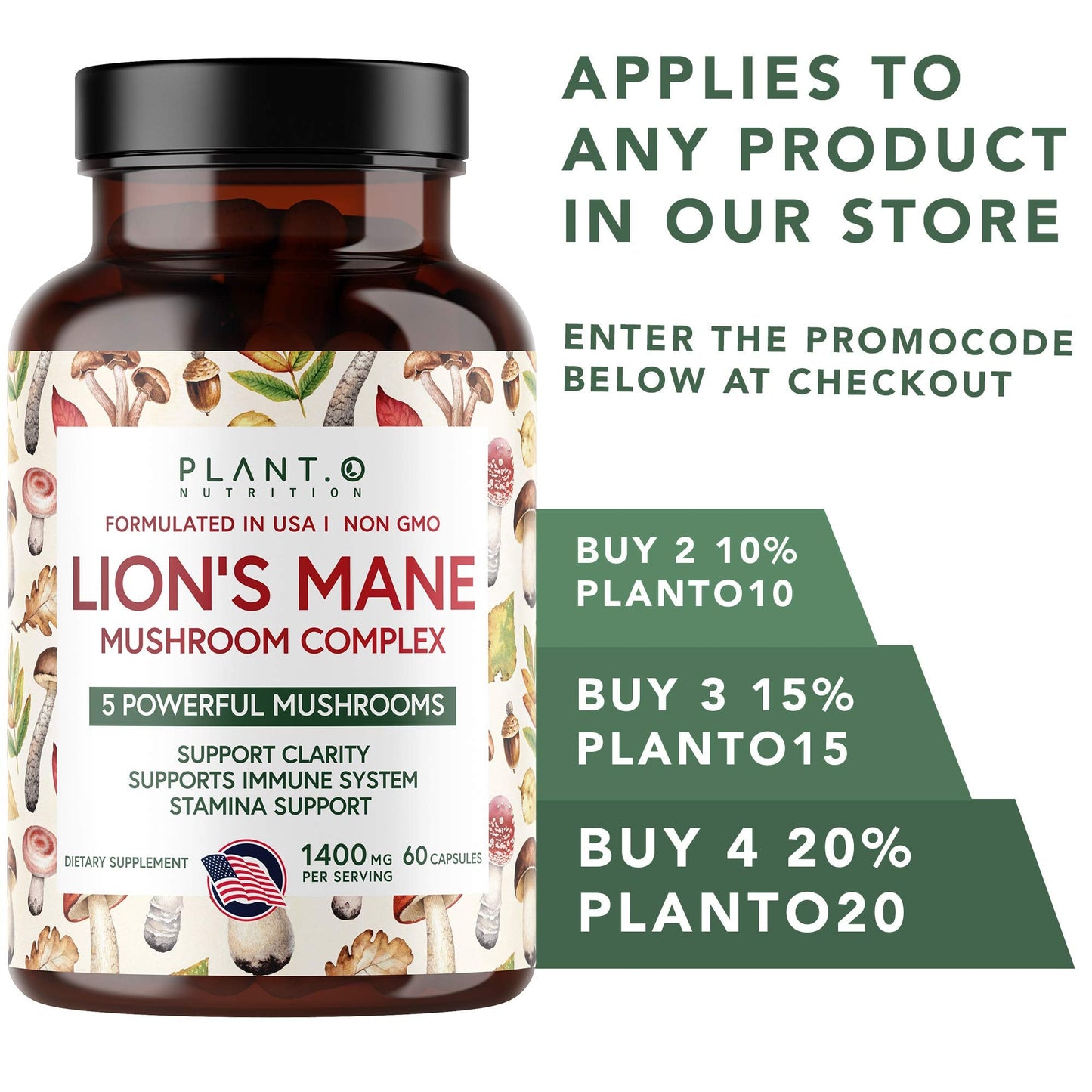 Plant.O Premium Lion's Mane 5-Mushroom Complex - Brain Support, Immunity & Focus - 90 Caps