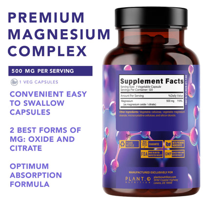 Plant.O Magnesium 500mg | Vegan Oxide & Citrate | Sleep & Energy | 120 Veggie Capsules