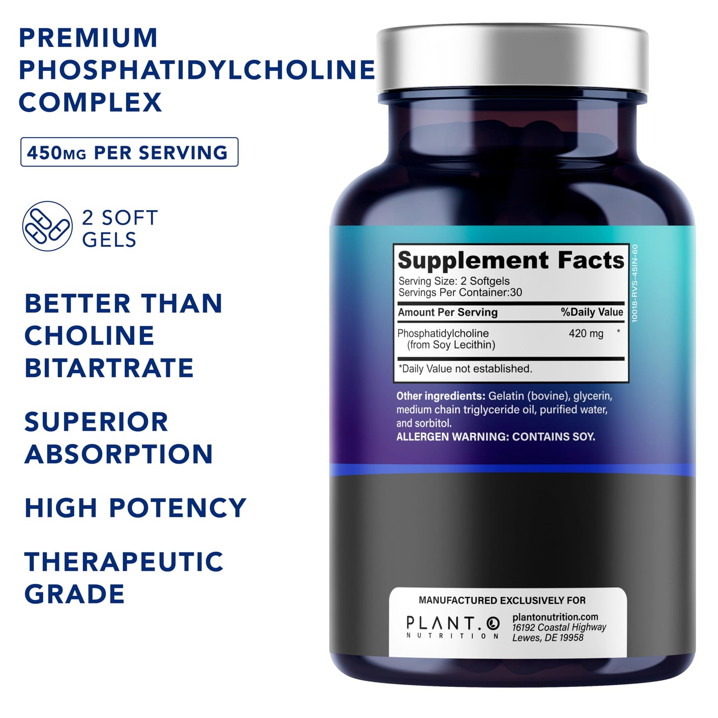 PLANT.O NUTRITION Choline Phosphatidylcholine 430mg – High Potency Phospholipid Softgels | 60