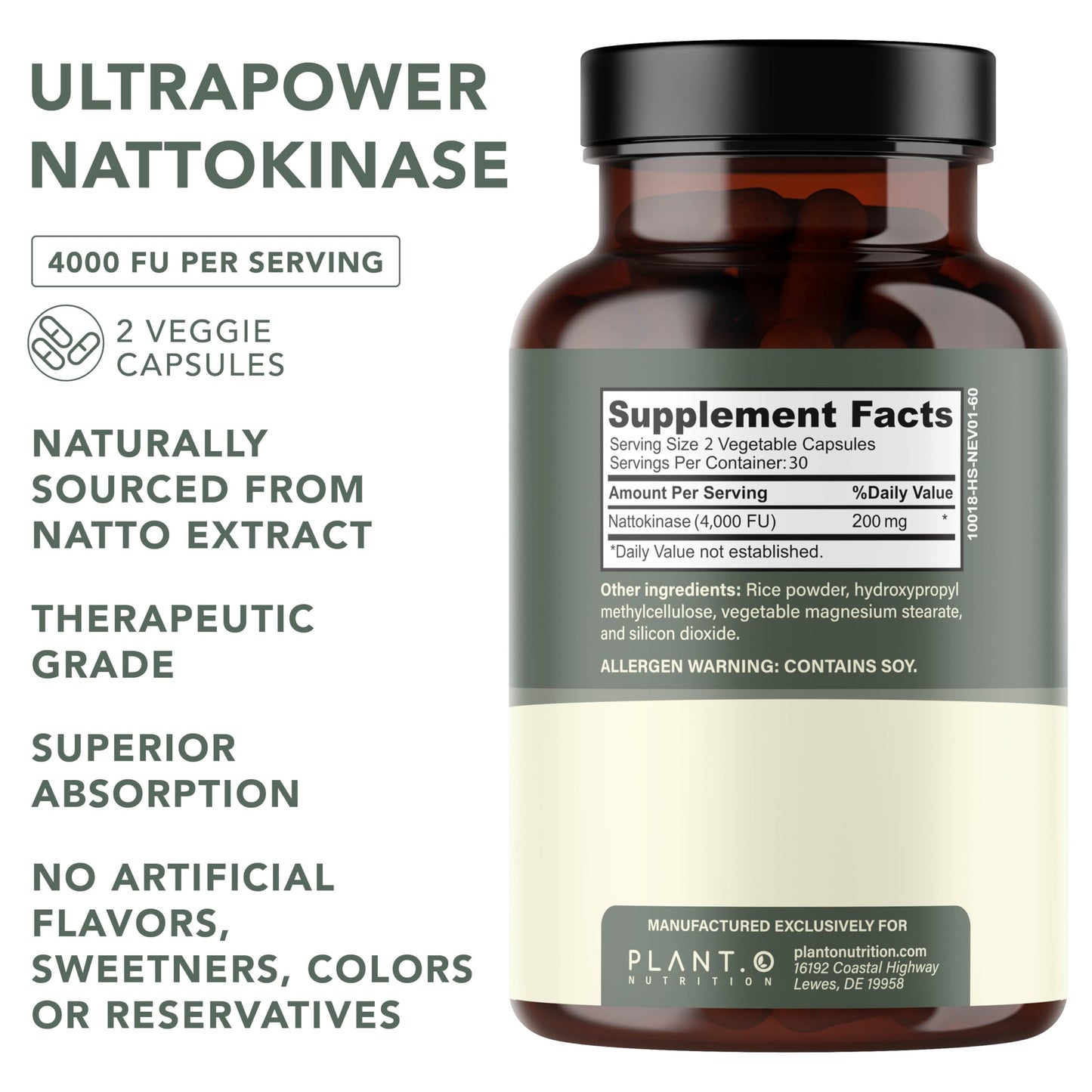 PLANT.O NUTRITION Nattokinase Supplement - 4000 FU, Heart Health - 60 Veggie Capsules - Made in USA
