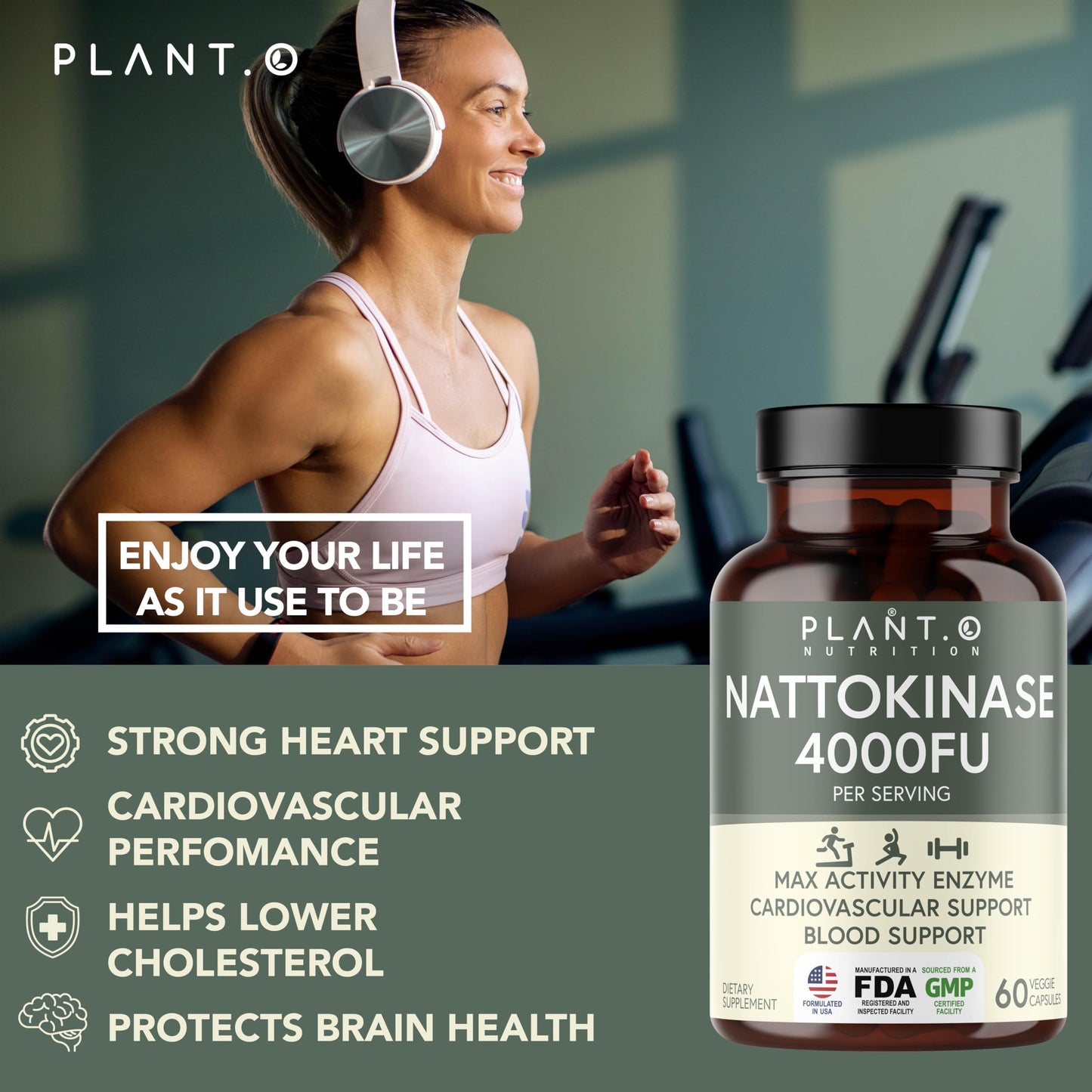 PLANT.O NUTRITION Nattokinase Supplement - 4000 FU, Heart Health - 60 Veggie Capsules - Made in USA
