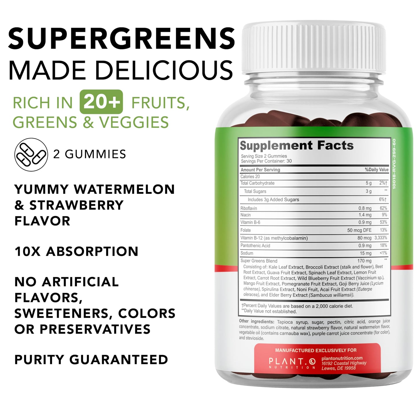 PLANT.O NUTRITION SuperGreens Gummies – Immunity, Gut & Cognition Support | Watermelon & Strawberry | 60 Gummies