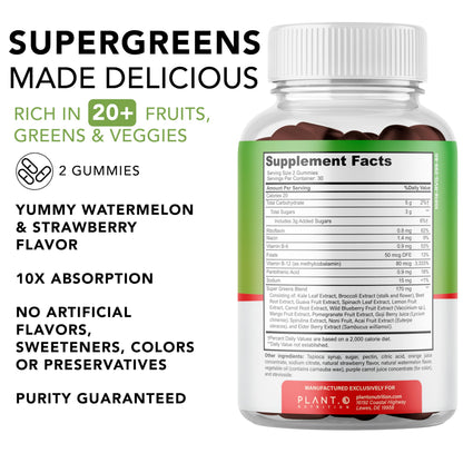 PLANT.O NUTRITION SuperGreens Gummies – Immunity, Gut & Cognition Support | Watermelon & Strawberry | 60 Gummies