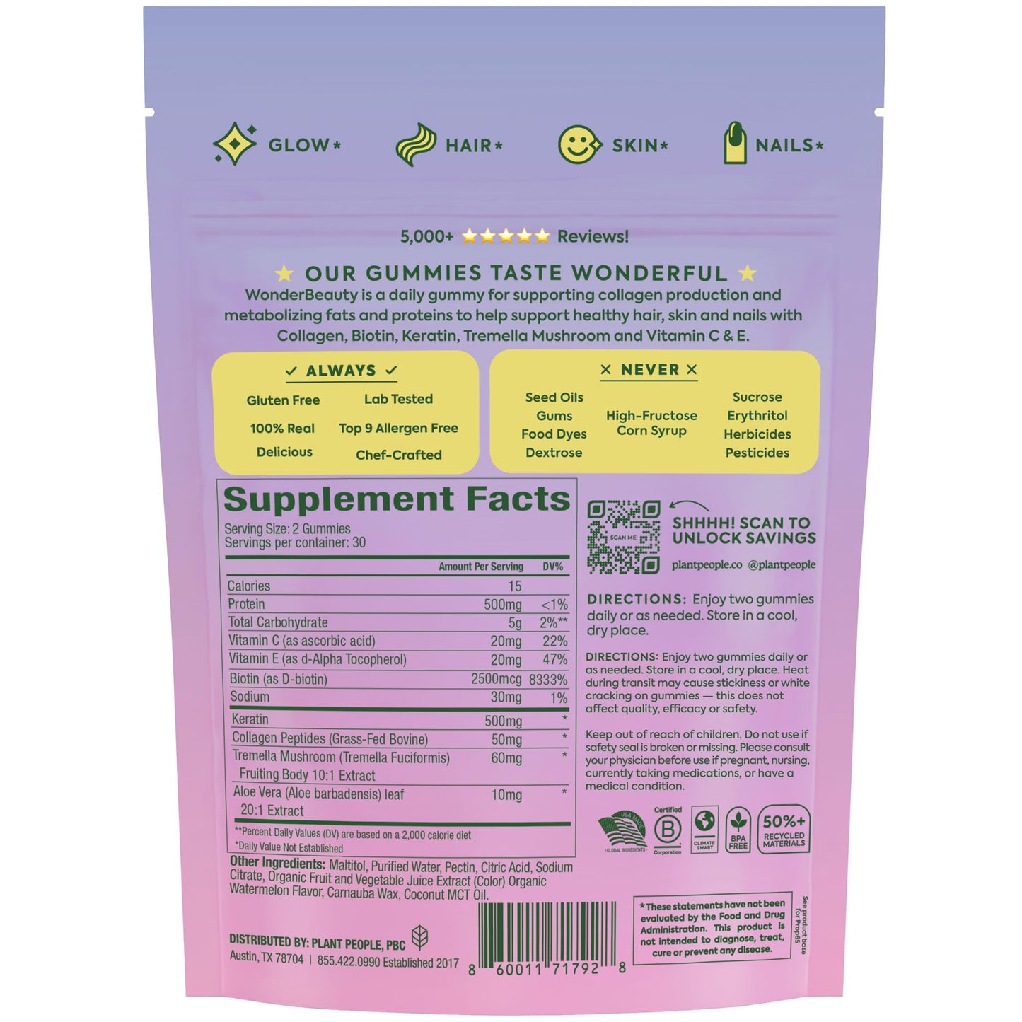 Plant People WonderBeauty Gummies for Hair, Skin & Nails – Tremella, Marine Collagen, Keratin & Biotin | Watermelon, 60 Gummies