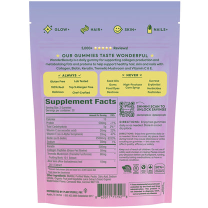 Plant People WonderBeauty Gummies for Hair, Skin & Nails – Tremella, Marine Collagen, Keratin & Biotin | Watermelon, 60 Gummies