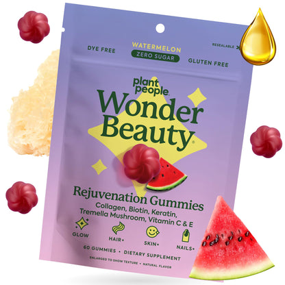 Plant People WonderBeauty Gummies for Hair, Skin & Nails – Tremella, Marine Collagen, Keratin & Biotin | Watermelon, 60 Gummies