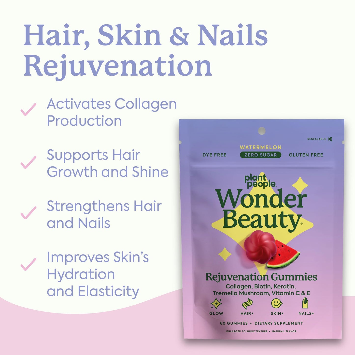 Plant People WonderBeauty Gummies for Hair, Skin & Nails – Tremella, Marine Collagen, Keratin & Biotin | Watermelon, 60 Gummies