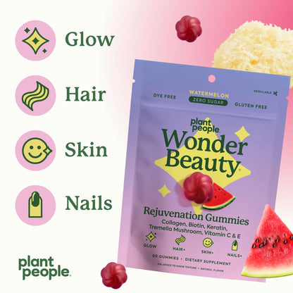 Plant People WonderBeauty Gummies for Hair, Skin & Nails – Tremella, Marine Collagen, Keratin & Biotin | Watermelon, 60 Gummies