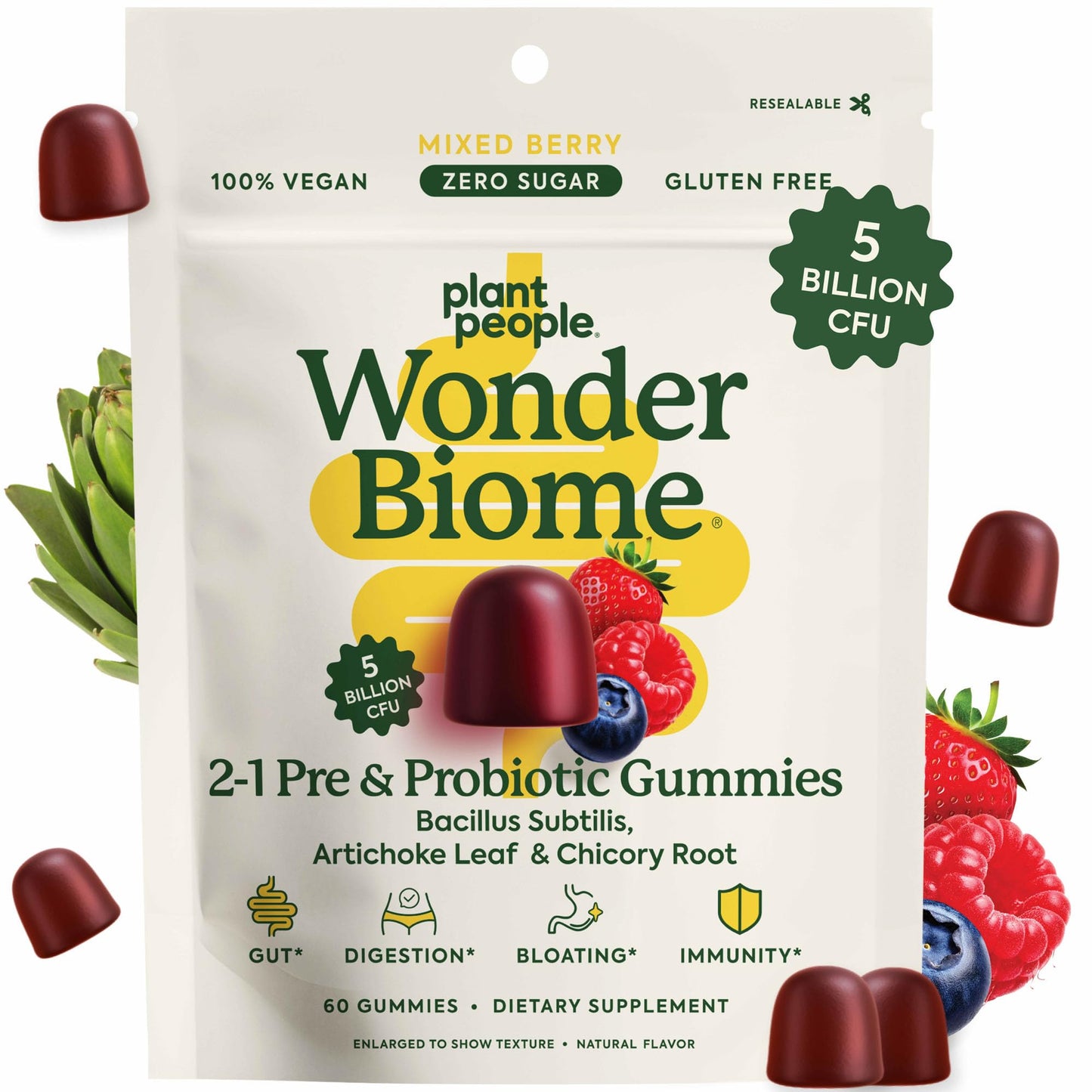 Plant People WonderBiome 2-in-1 Probiotic + Prebiotic Gummies – Zero-Sugar Vegan Digestive Health, 60 Count