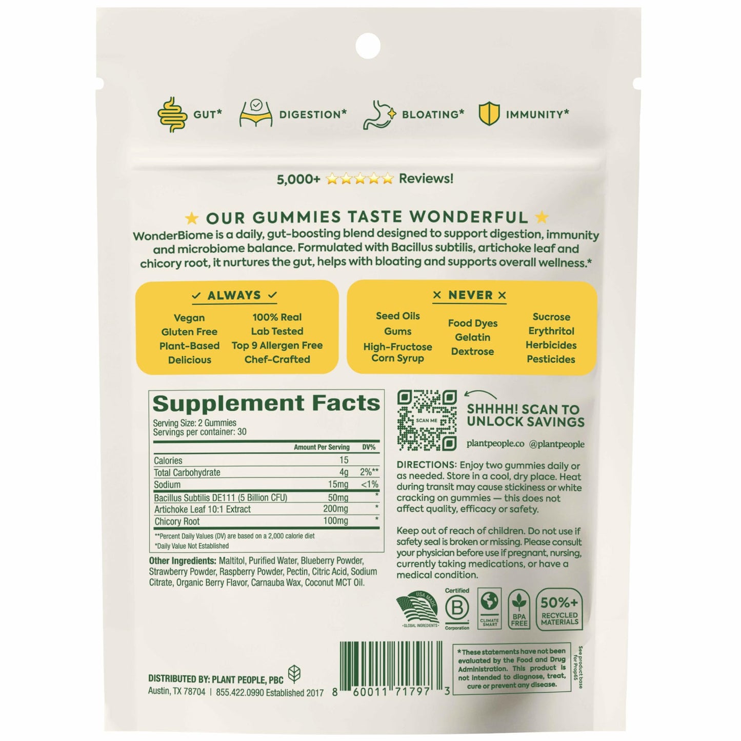 Plant People WonderBiome 2-in-1 Probiotic + Prebiotic Gummies – Zero-Sugar Vegan Digestive Health, 60 Count