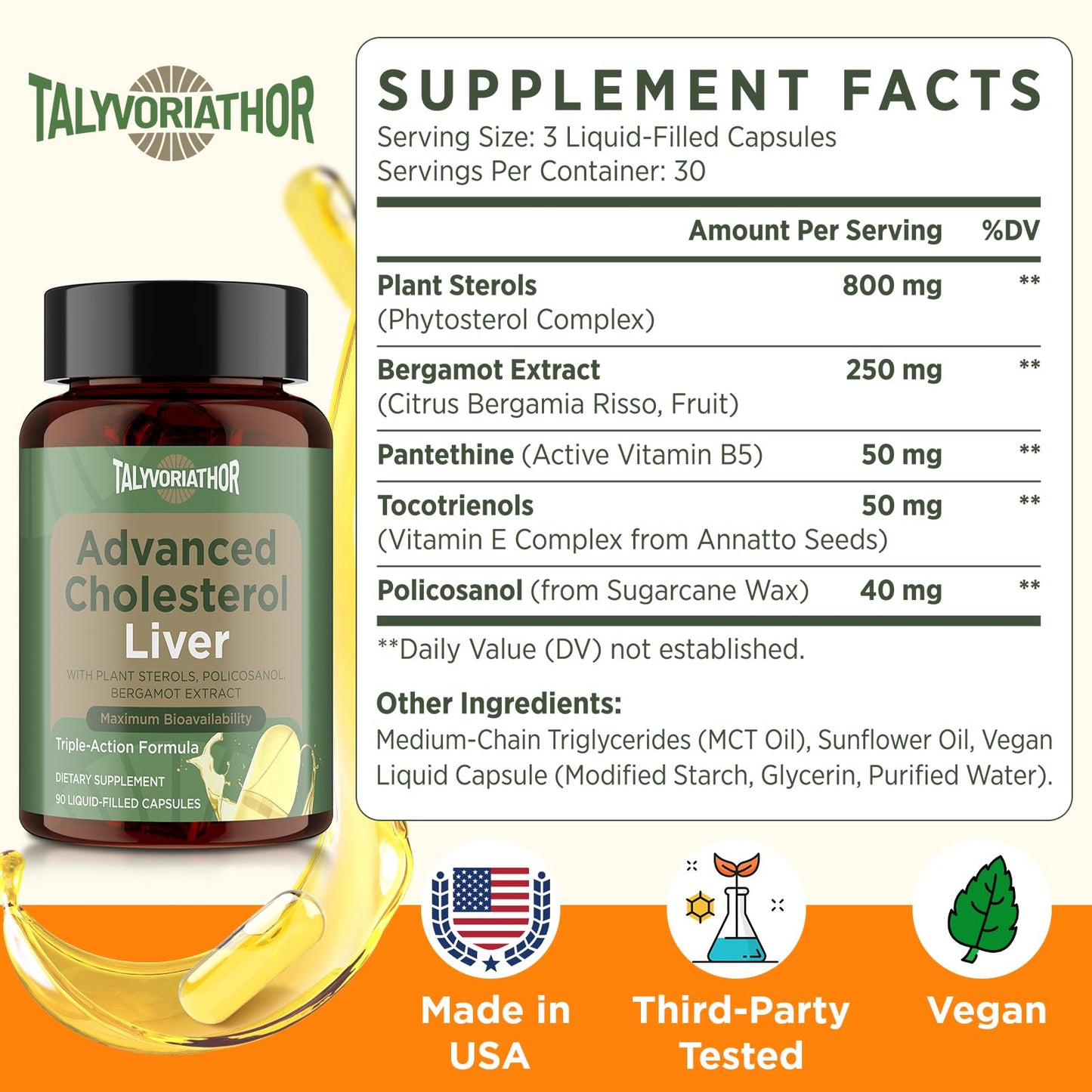 Advanced Cholesterol Lowering Supplements & for High Cholesterol | Liquid-Filled Capsules for Maximum Absorption | Plant Sterols, Policosanol, Bergamot Extract | Triple-Action Formula,90 Capsules