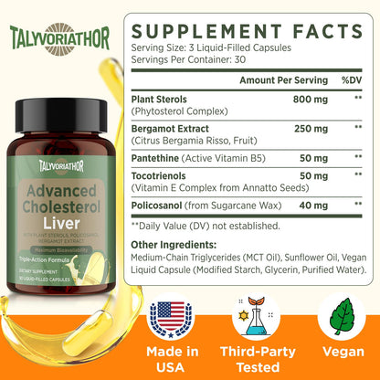 Advanced Cholesterol Lowering Supplements & for High Cholesterol | Liquid-Filled Capsules for Maximum Absorption | Plant Sterols, Policosanol, Bergamot Extract | Triple-Action Formula,90 Capsules